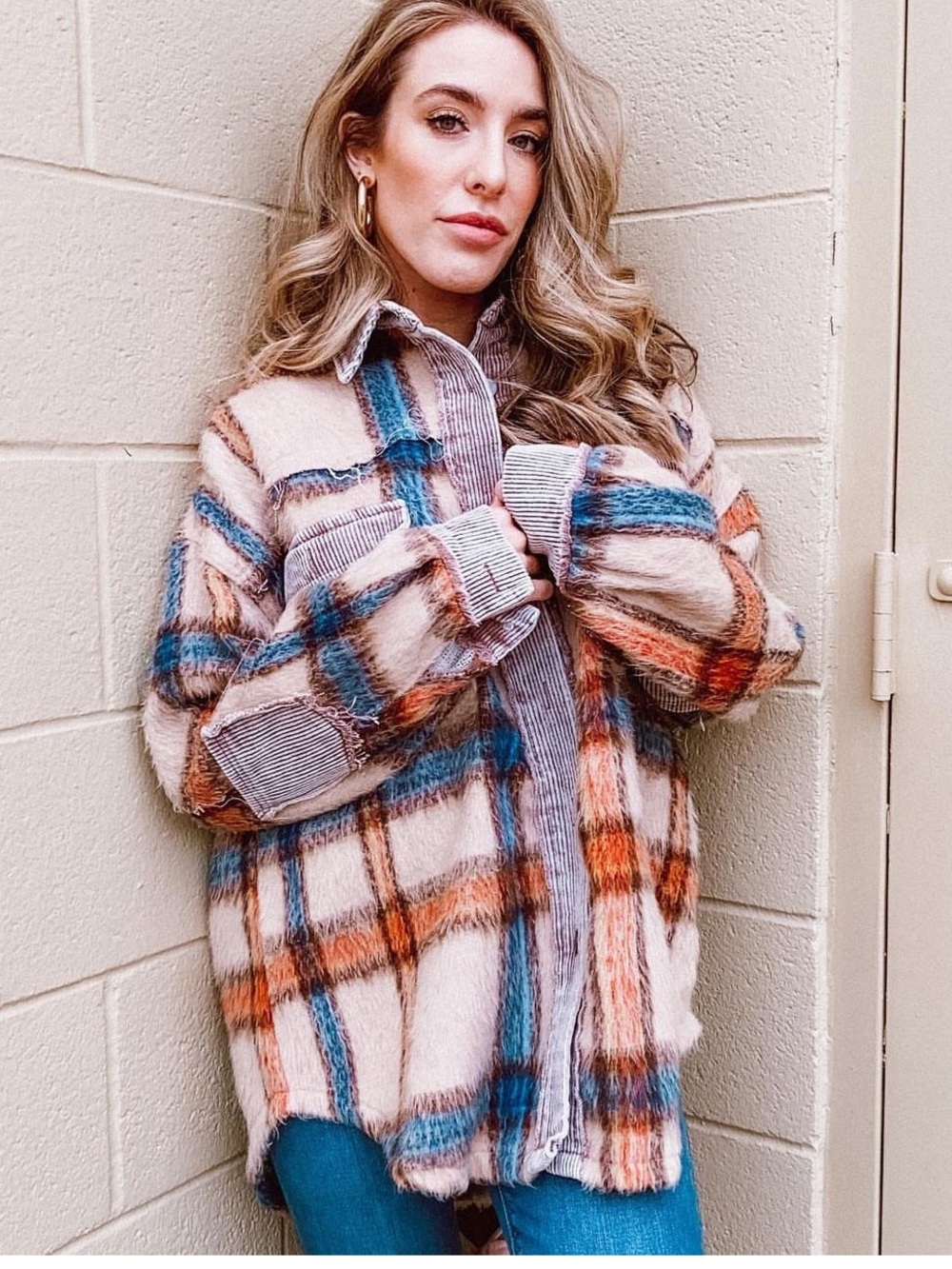 POL Oversized Plaid Button-Down in Beige with Blue & Orange